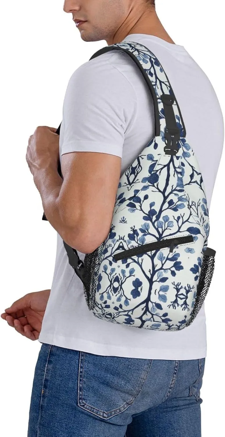 Blue Coral Print Sling Bag Crossbody Shoulder Backpack Chest Bags Gym Travel Hiking Casual Daypack