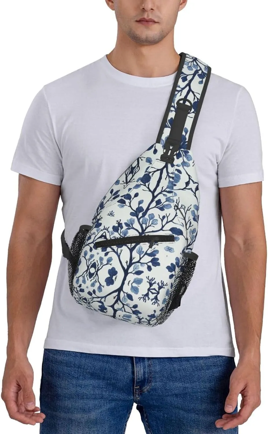 Blue Coral Print Sling Bag Crossbody Shoulder Backpack Chest Bags Gym Travel Hiking Casual Daypack