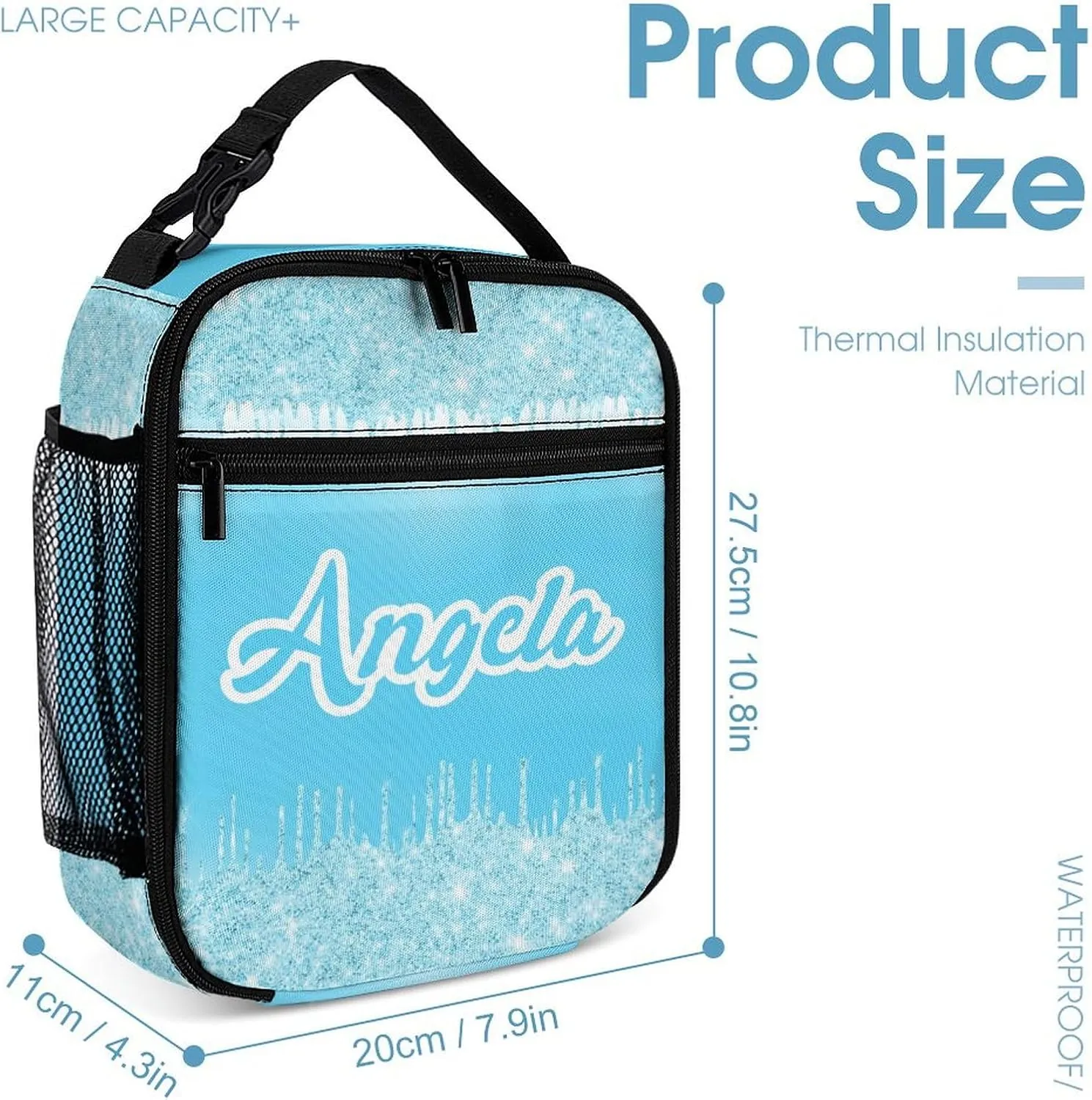 Blue Glitter Sparkle Print School Bag Set Custom Name Backpack Lunch Box Pencil Case, Personalized Elementary Primary Kids Book Bag