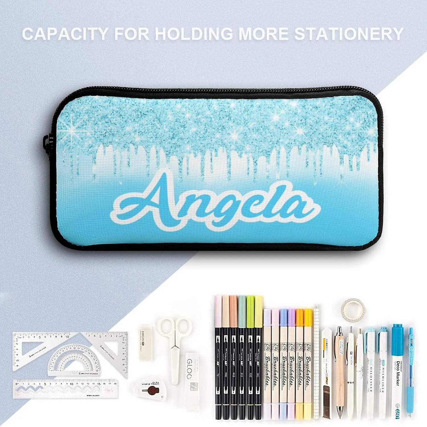Blue Glitter Sparkle Print School Bag Set Custom Name Backpack Lunch Box Pencil Case, Personalized Elementary Primary Kids Book Bag