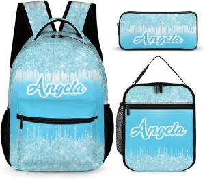 Blue Glitter Sparkle Print School Bag Set Custom Name Backpack Lunch Box Pencil Case, Personalized Elementary Primary Kids Book Bag