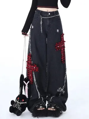 Bonnyshow Vintage Y2k Jeans Baggy Woman Japanese Style Denim Pants Korean Fashion Streetwear Harajuku Punk Gyaru Trousers