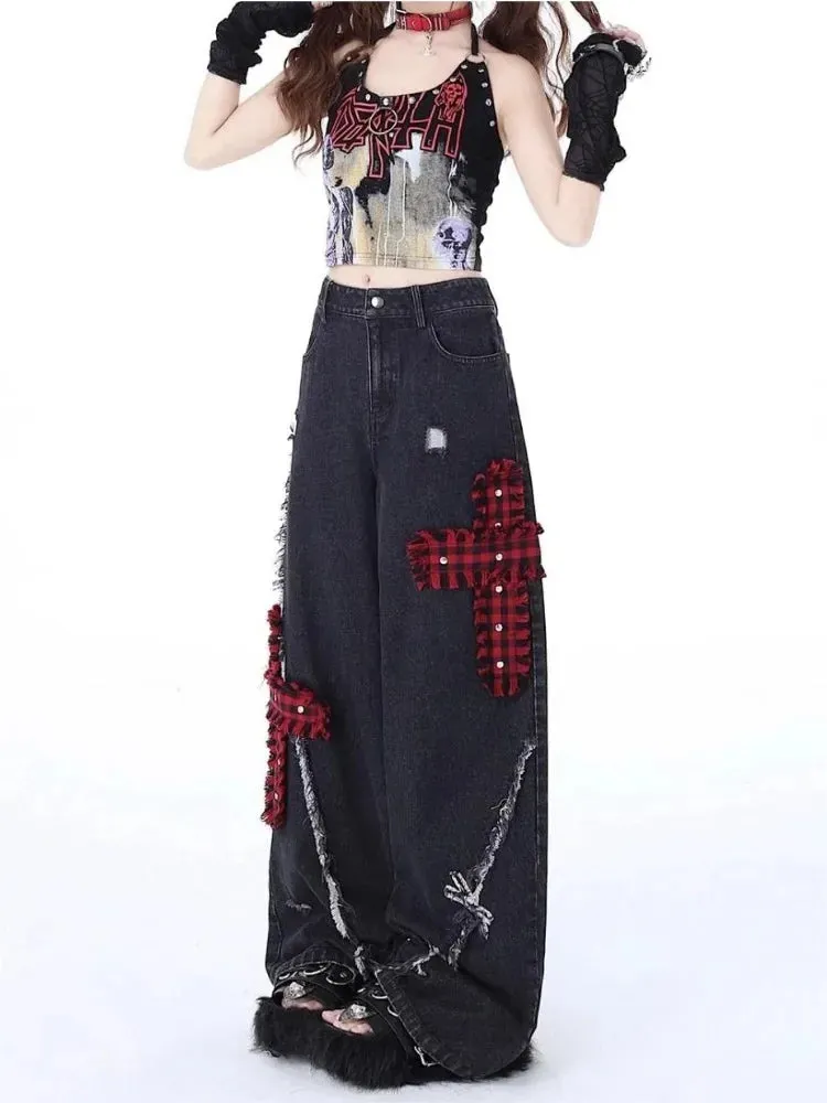 Bonnyshow Vintage Y2k Jeans Baggy Woman Japanese Style Denim Pants Korean Fashion Streetwear Harajuku Punk Gyaru Trousers