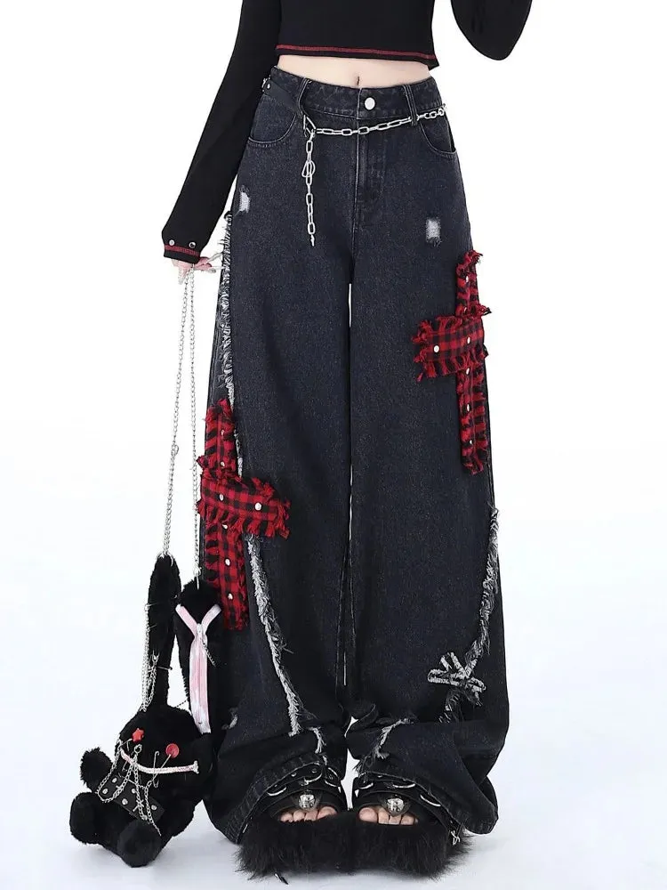 Bonnyshow Vintage Y2k Jeans Baggy Woman Japanese Style Denim Pants Korean Fashion Streetwear Harajuku Punk Gyaru Trousers