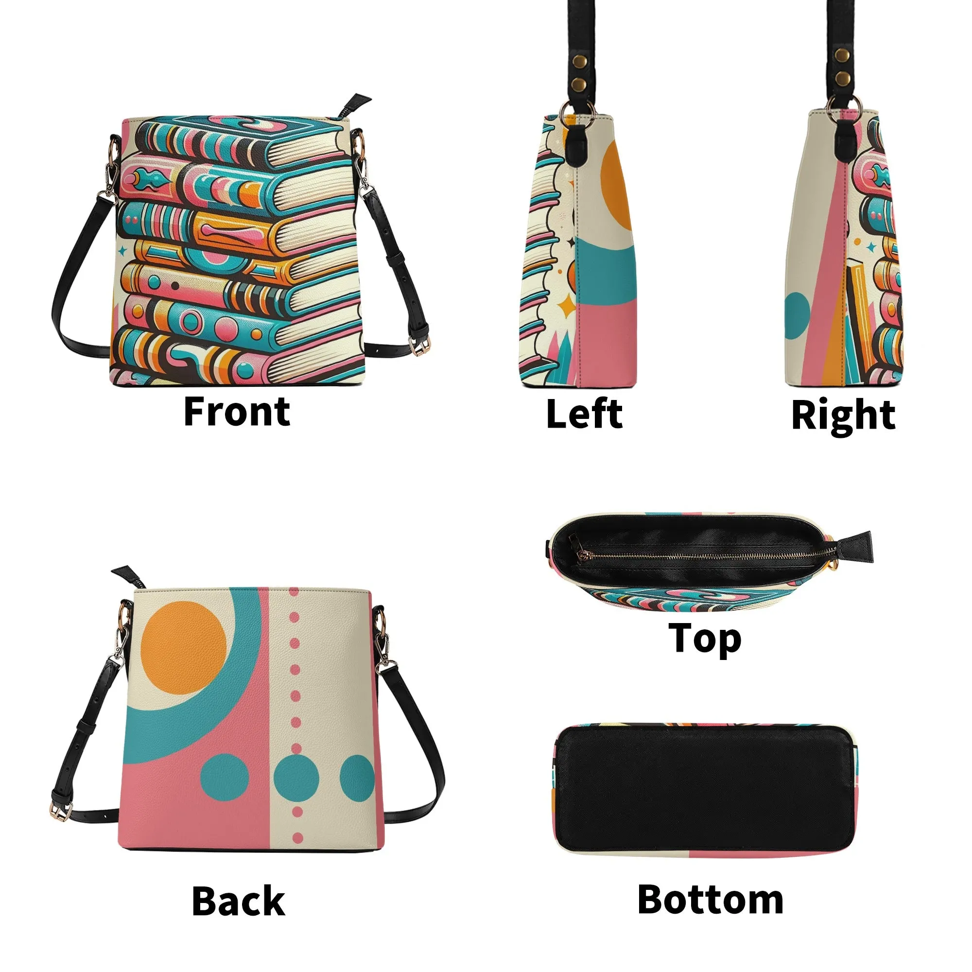 Book Lover Bucket Bag, Trendy Retro Style, Kitschy Fun Womens Shoulder Bag