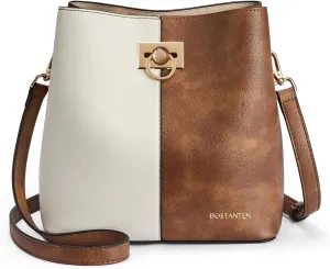 BOSTANTEN Crossbody Bucket Shoulder Bags for Women Vegan Leather Purse Cross Body Handbag Multiple Pockets Beige with Brown