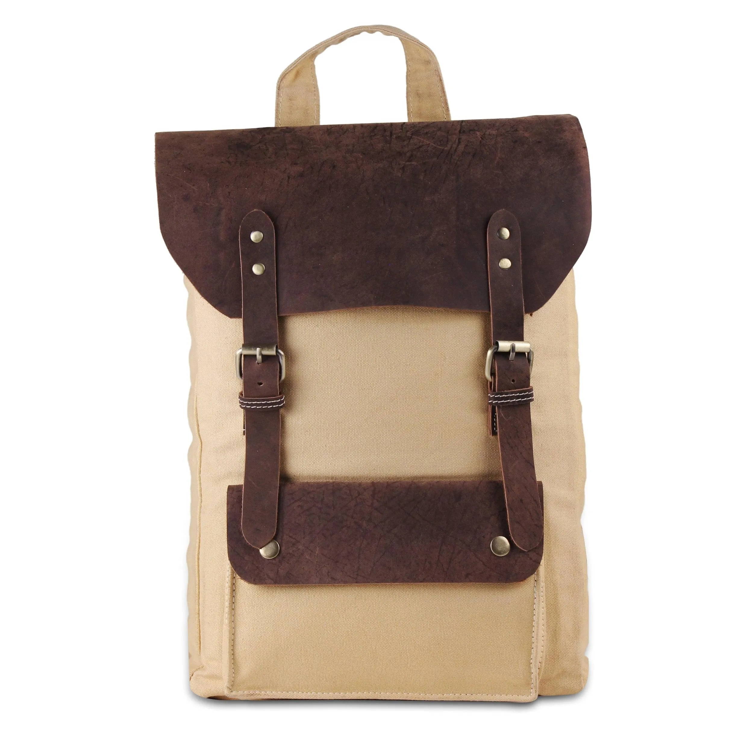 Brown Leather Canvas Backpack Knapsack Book Bag