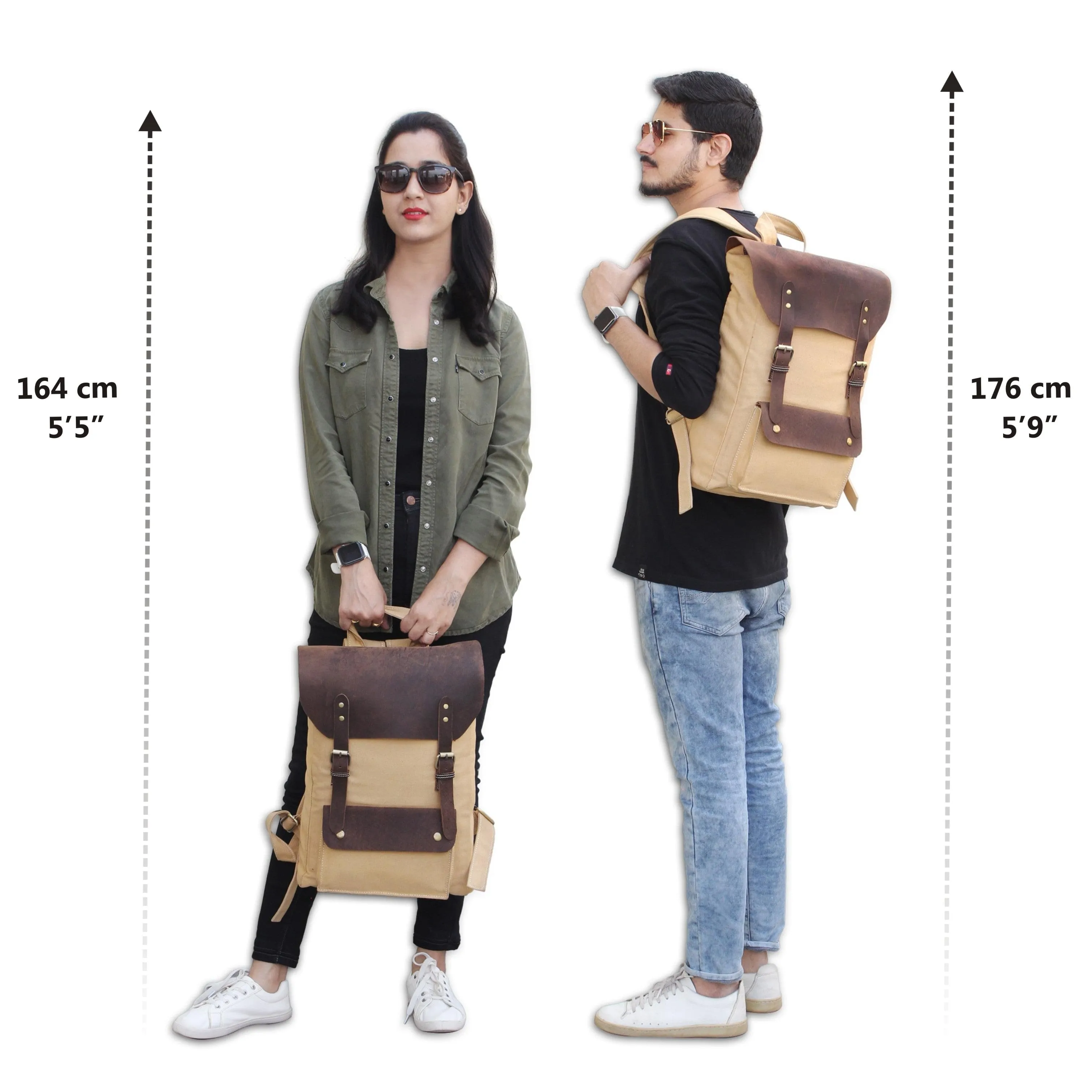 Brown Leather Canvas Backpack Knapsack Book Bag