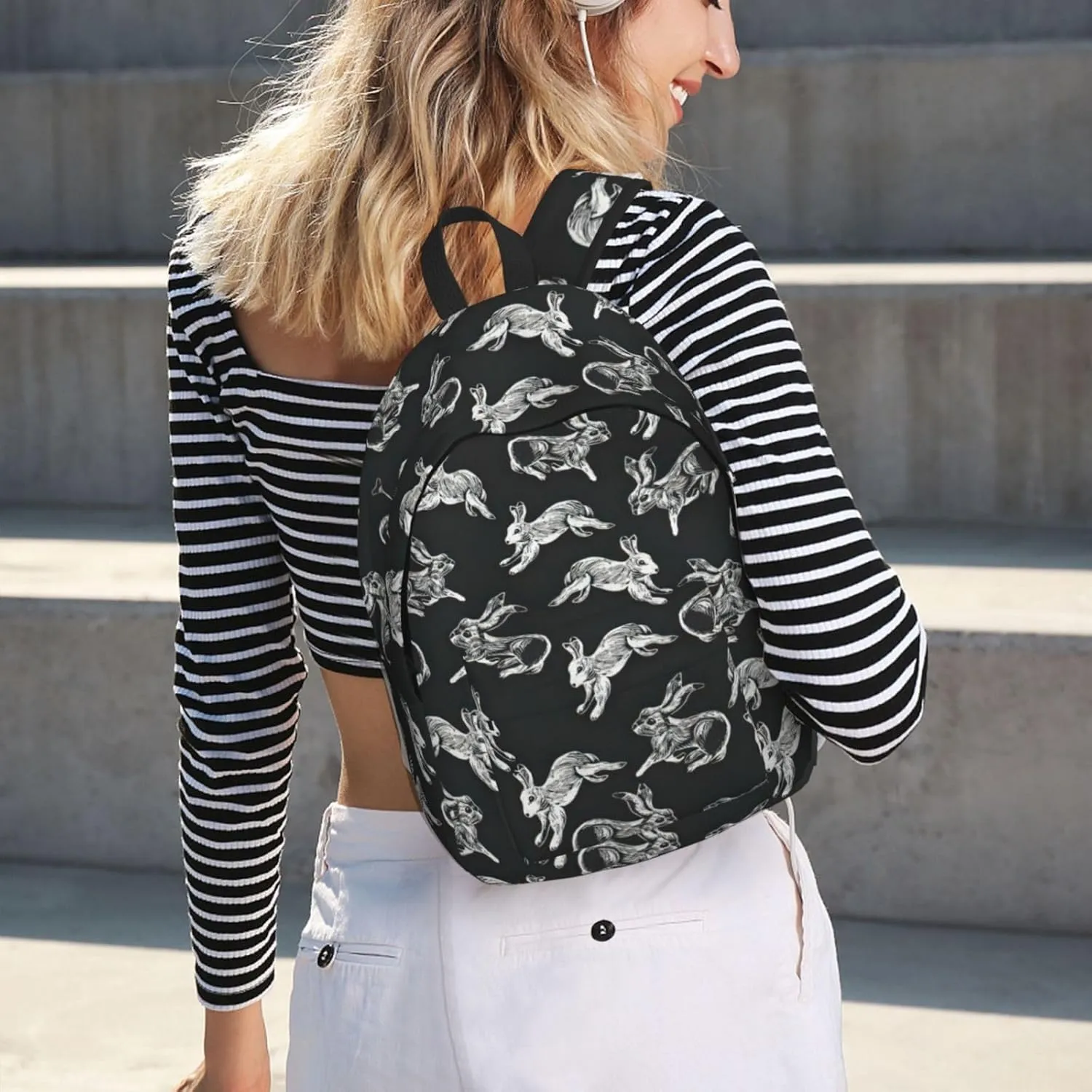 Bunny Rabbit Print Canvas Backpack Women,Mens Travel Casual Daypack Bookbag For Laptop Work Travel Hiking