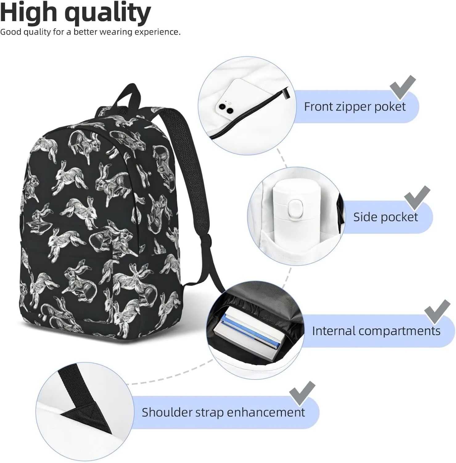 Bunny Rabbit Print Canvas Backpack Women,Mens Travel Casual Daypack Bookbag For Laptop Work Travel Hiking