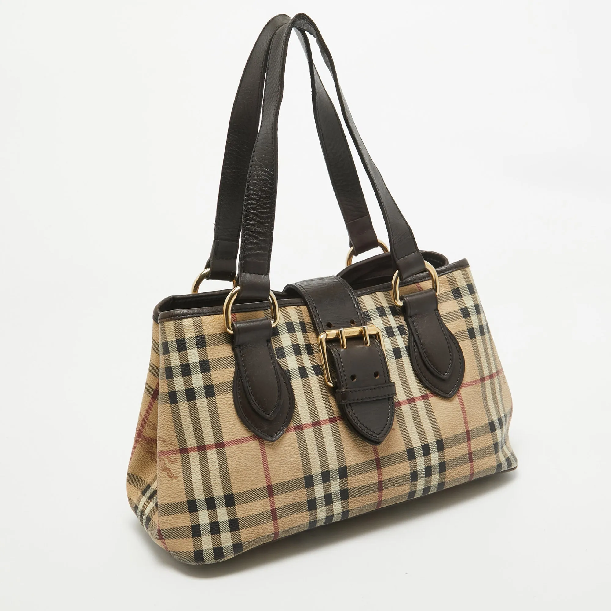 BURBERRY Beige/Brown Haymarket PVC and Leather Buckle Flap Tote