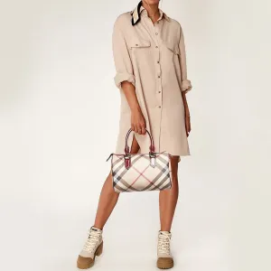 BURBERRY Beige/Red Nova Check PVC and Patent Leather Chester Boston Bag