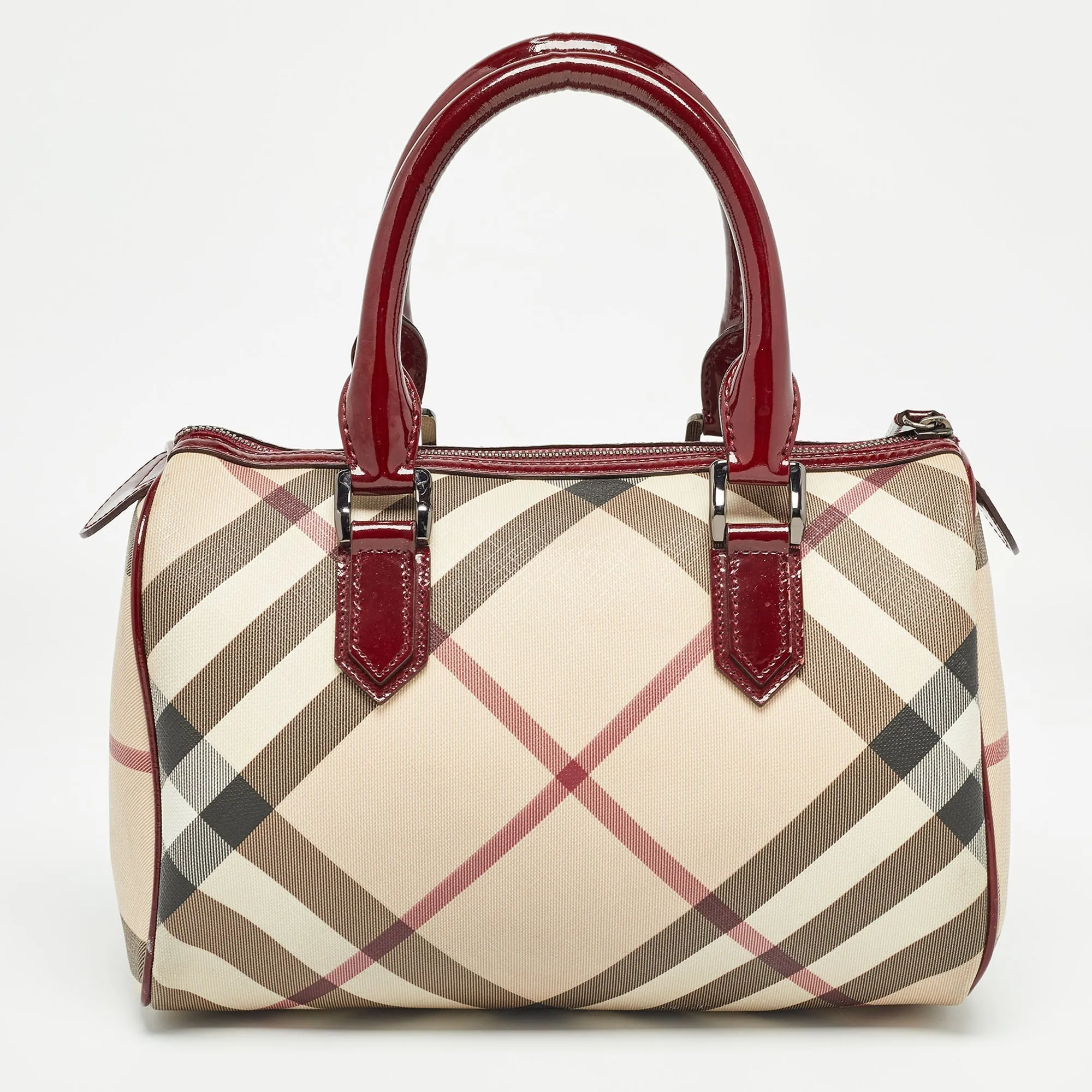 BURBERRY Beige/Red Nova Check PVC and Patent Leather Chester Boston Bag