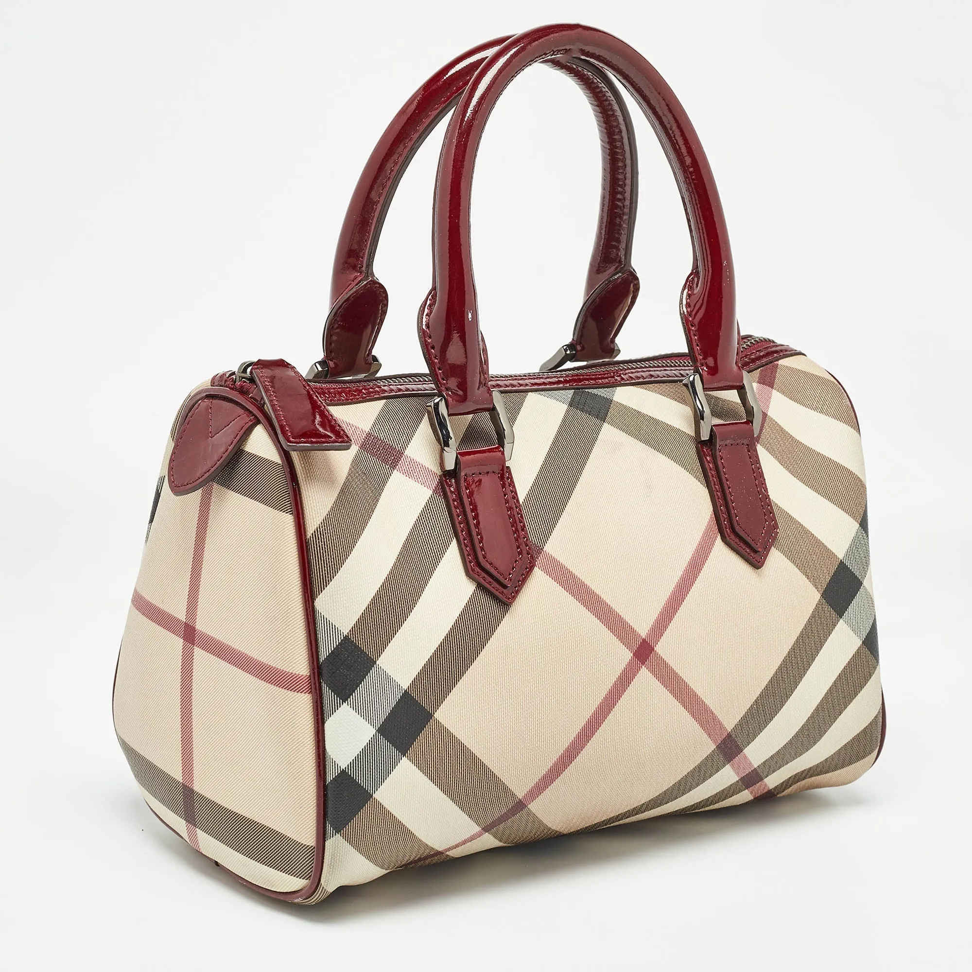 BURBERRY Beige/Red Nova Check PVC and Patent Leather Chester Boston Bag