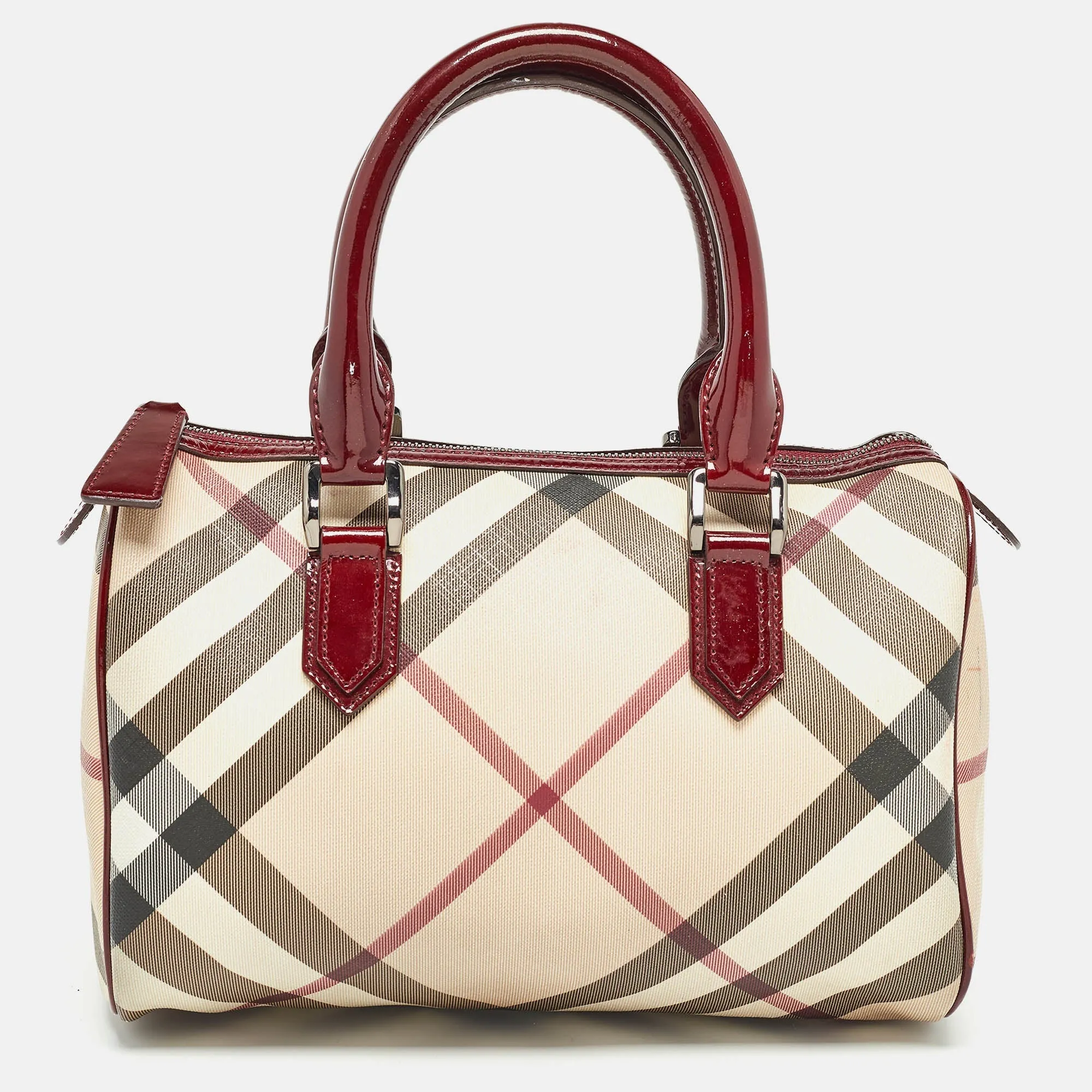 BURBERRY Beige/Red Nova Check PVC and Patent Leather Chester Boston Bag
