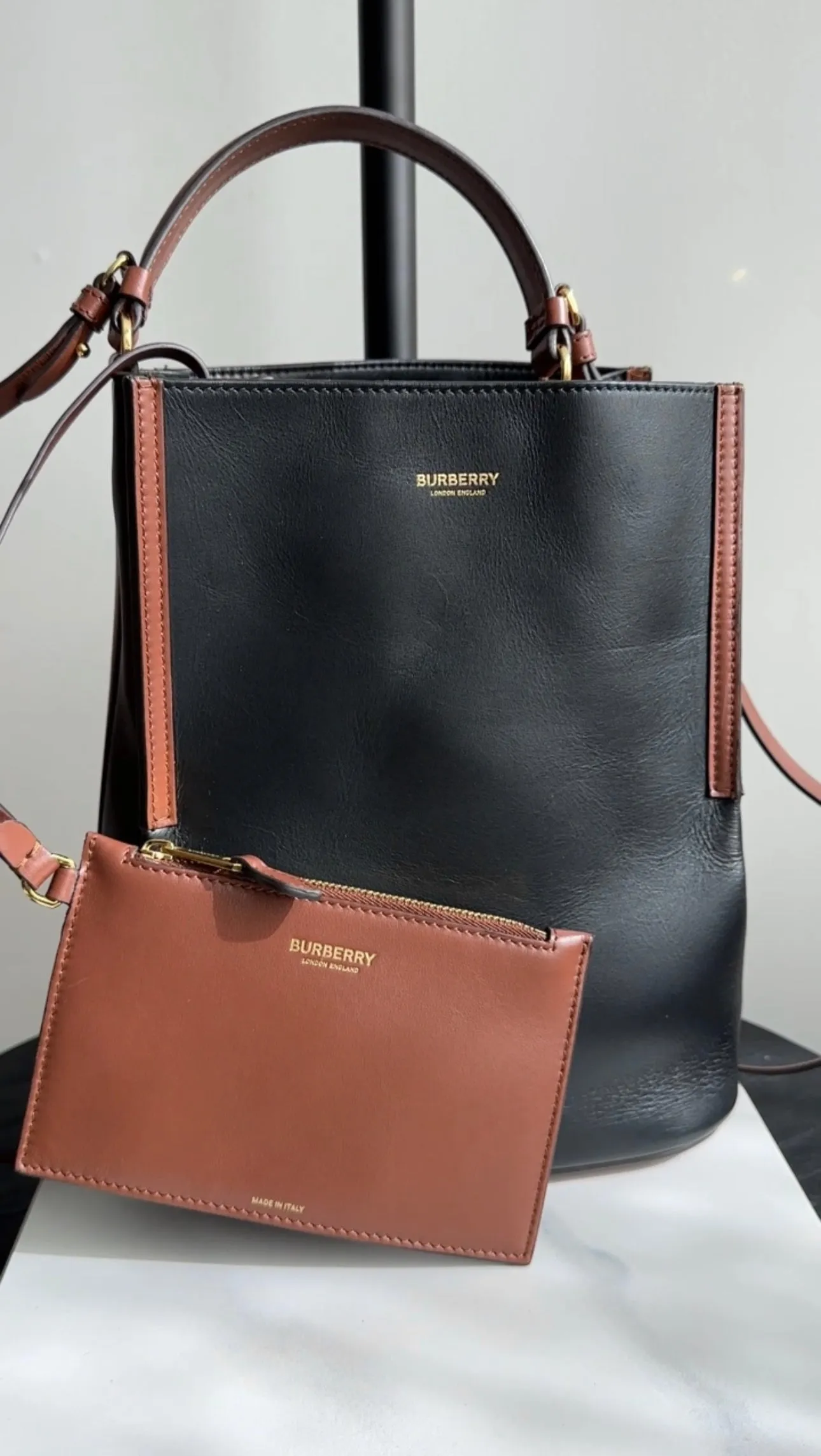 Burberry Black and Brown Leather Small Bucket Bag with Pouch