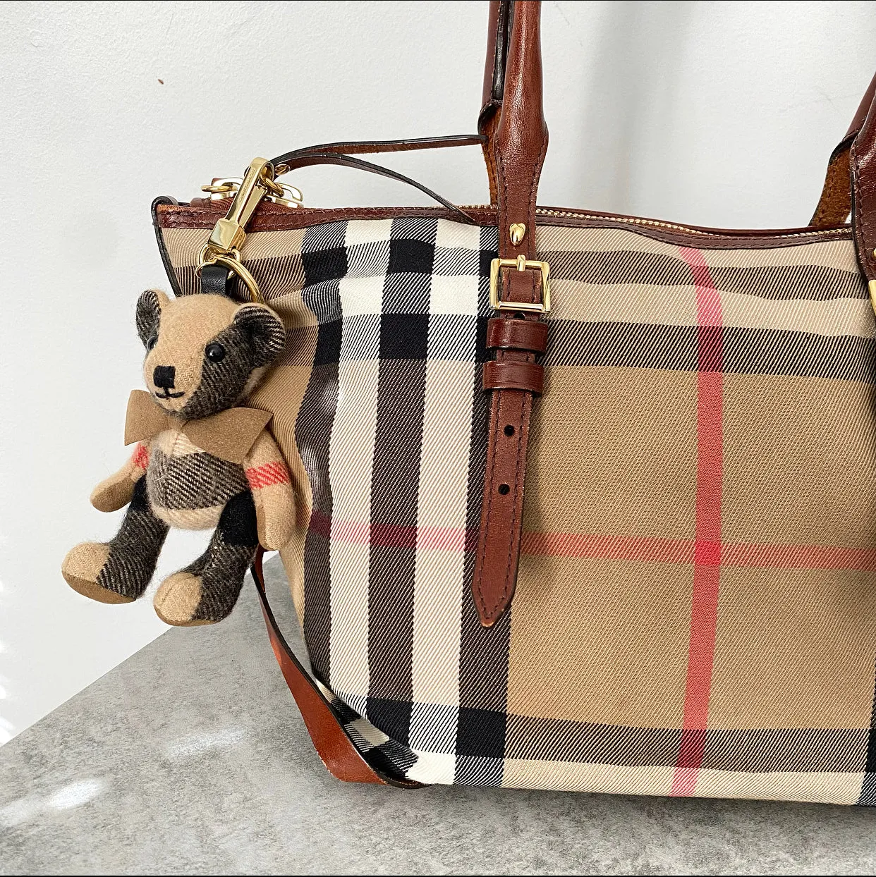 Burberry Fabric Check Tote Bag with Teddy Bear Charm