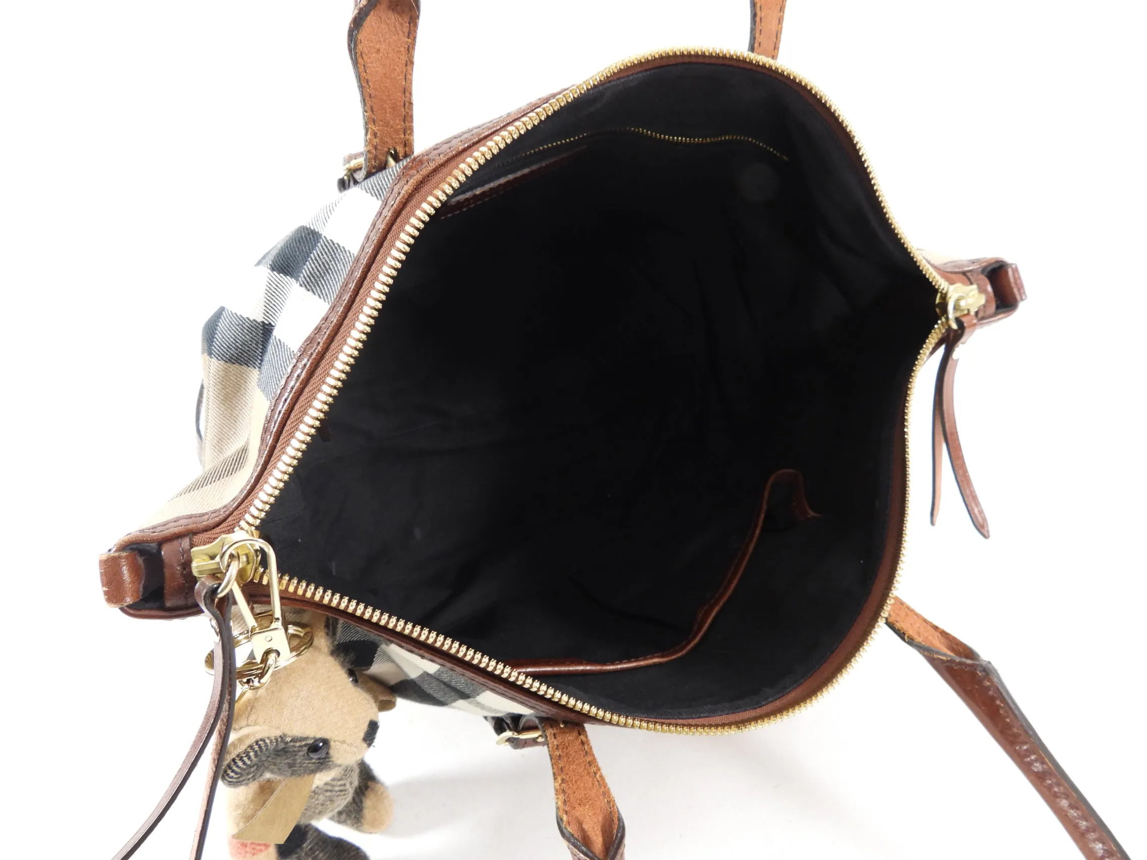 Burberry Fabric Check Tote Bag with Teddy Bear Charm