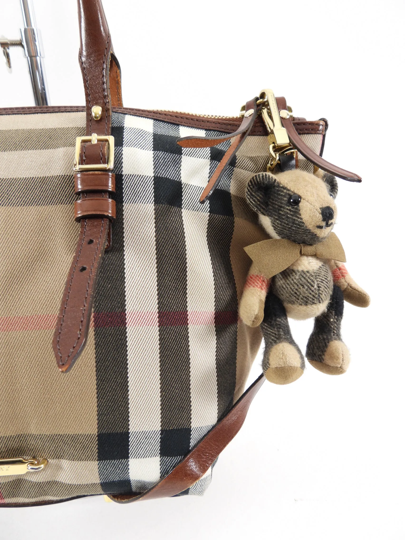 Burberry Fabric Check Tote Bag with Teddy Bear Charm