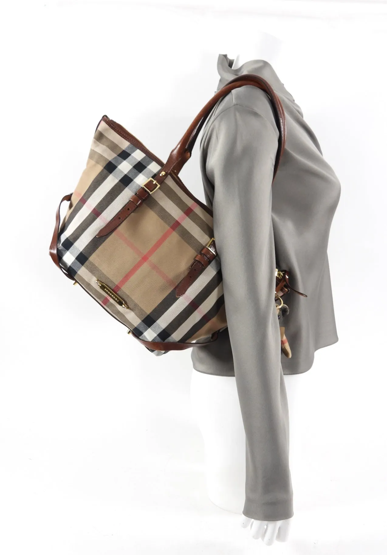 Burberry Fabric Check Tote Bag with Teddy Bear Charm