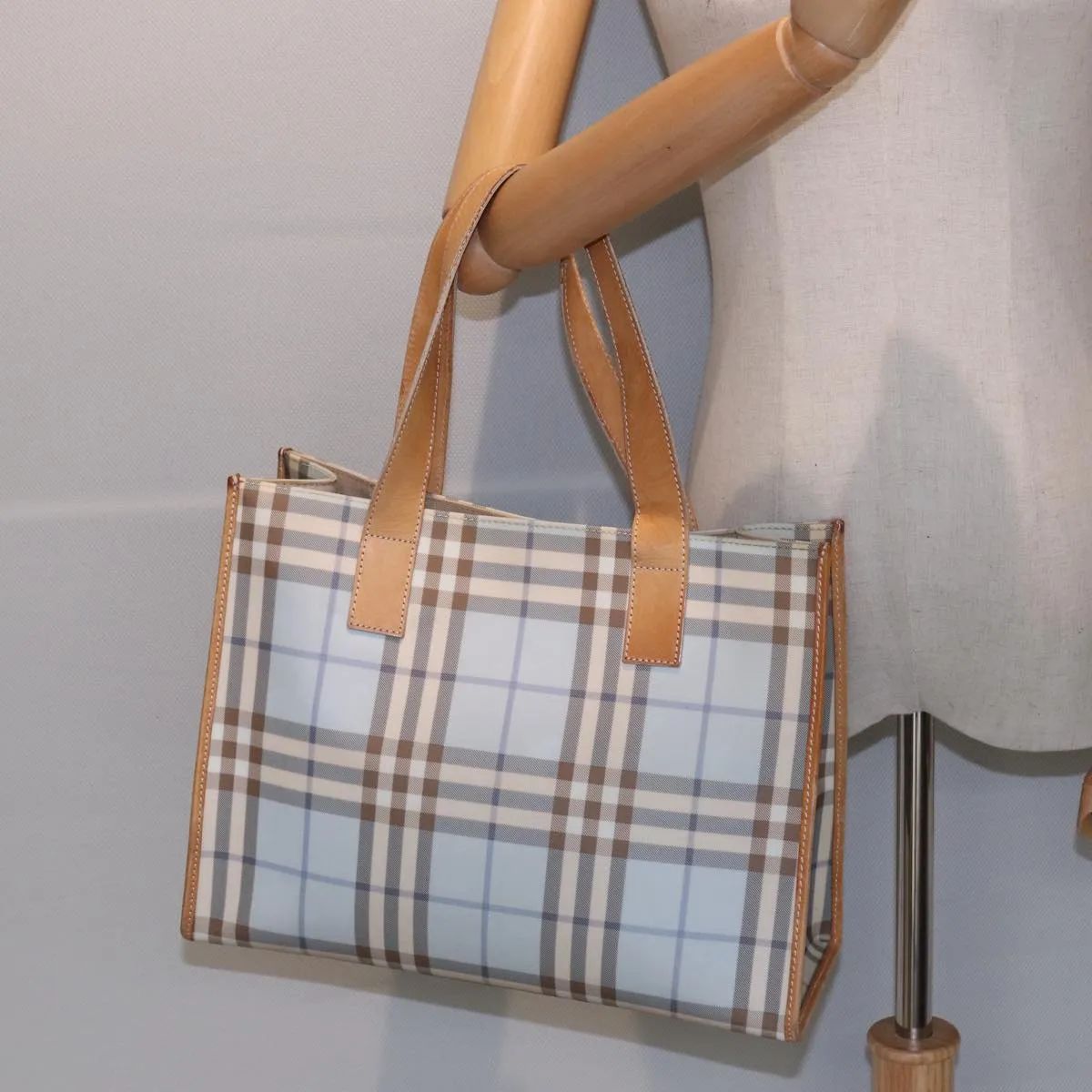 BURBERRY Nova Check Tote Bag PVC Leather Light Blue Brown  85709
