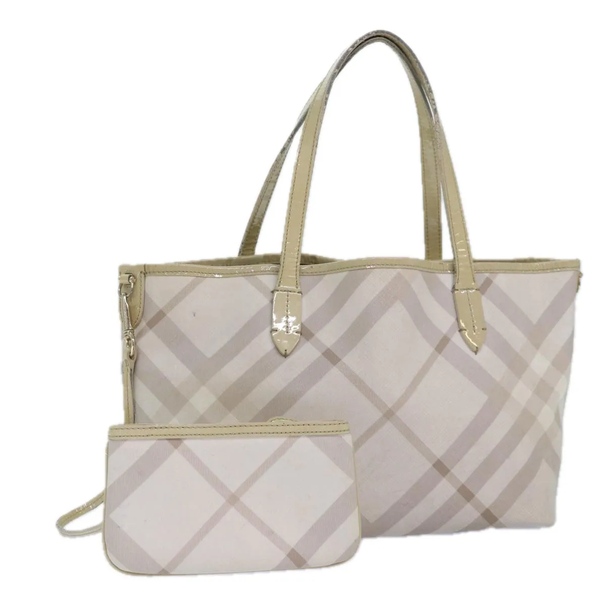 BURBERRY Nova Check Tote Bag PVC White Silver Auth 87223