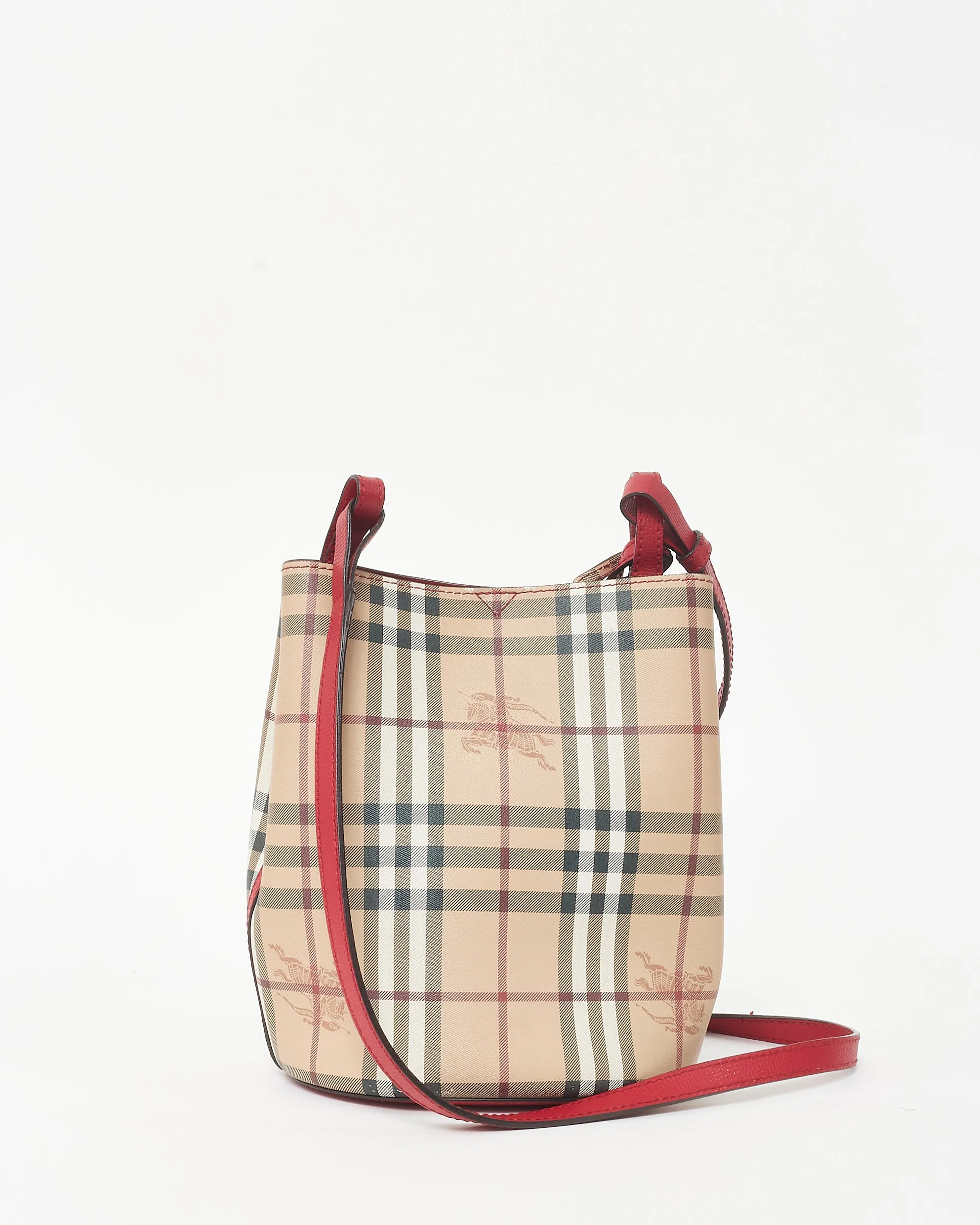 Burberry Red and Haymarket Check Coated Canvas Lorne Bucket Bag