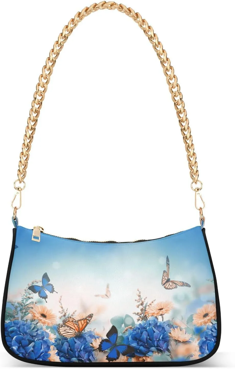 Butterfly Daisy Shoulder Handbags for Women Travel Hobo Tote Handbag Women Gold Chain Shoulder Bags Purse with Zipper Closure