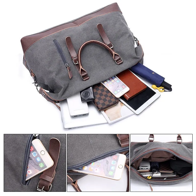 Canvas and Leather Weekend Tote Bag Overnight Duffle Bag Travel Weekender Bag