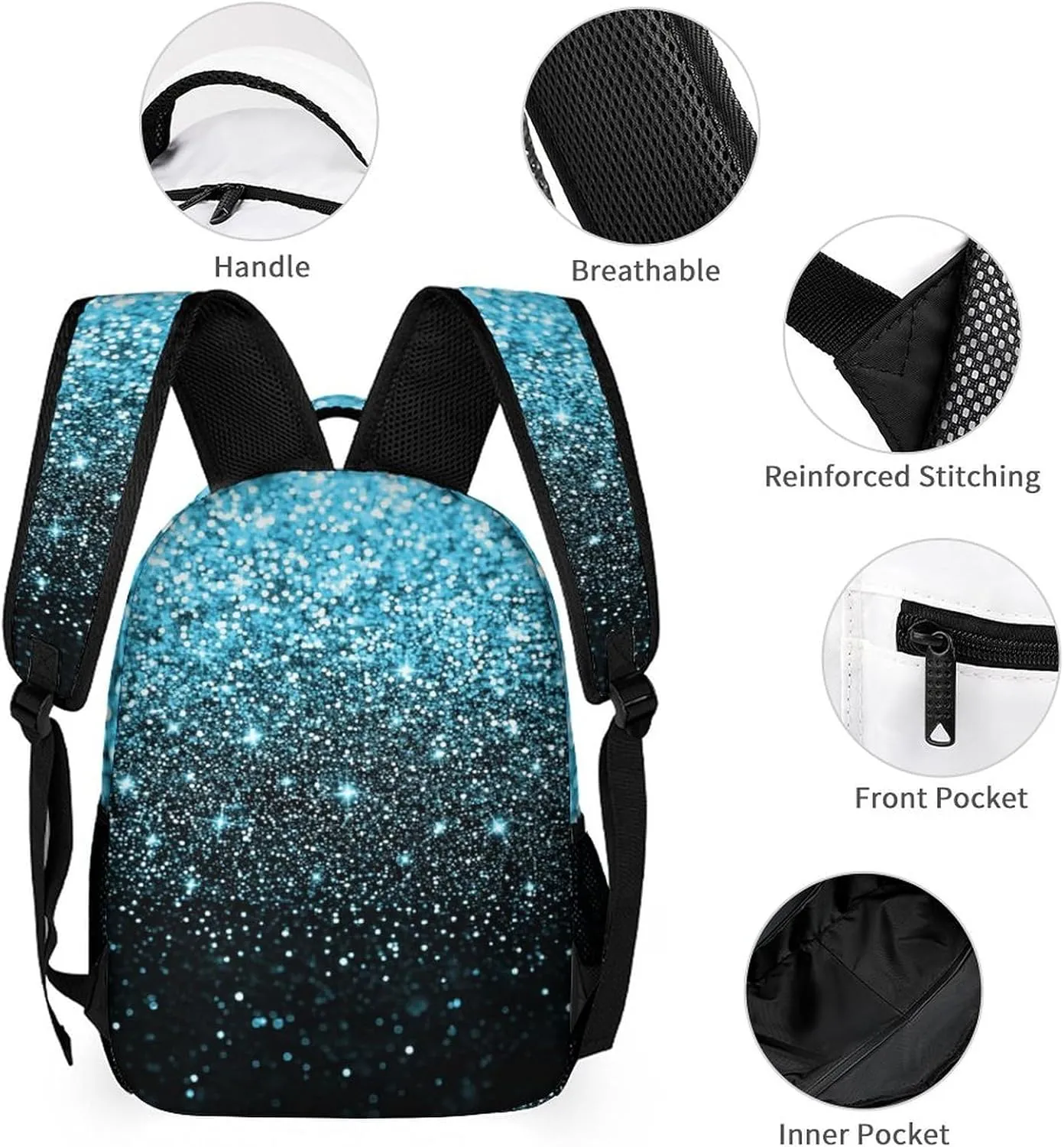 Casual Bags Set Blue Bling Glitter Sparkle Print Backpack Lunch Box Pencil Case for Kids Girls Boys School Bookbag for Students Children