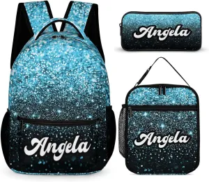 Casual Bags Set Blue Bling Glitter Sparkle Print Backpack Lunch Box Pencil Case for Kids Girls Boys School Bookbag for Students Children