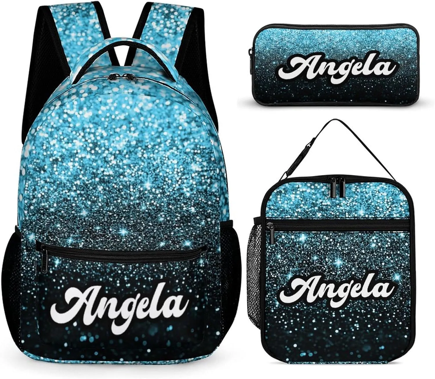 Casual Bags Set Blue Bling Glitter Sparkle Print Backpack Lunch Box Pencil Case for Kids Girls Boys School Bookbag for Students Children
