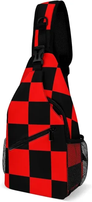 Casual Sling Backpack Black-red-squares-pattern Chest Bags Crossbody Sling Bag Travel Hiking Daypack Shoulder Bag for Women Men