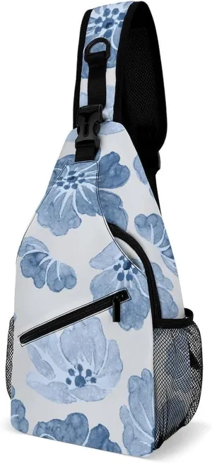 Casual Sling Backpack Blue-floral-pattern-vintage Chest Bags Crossbody Sling Bag Travel Hiking Daypack Shoulder Bag for Women Men