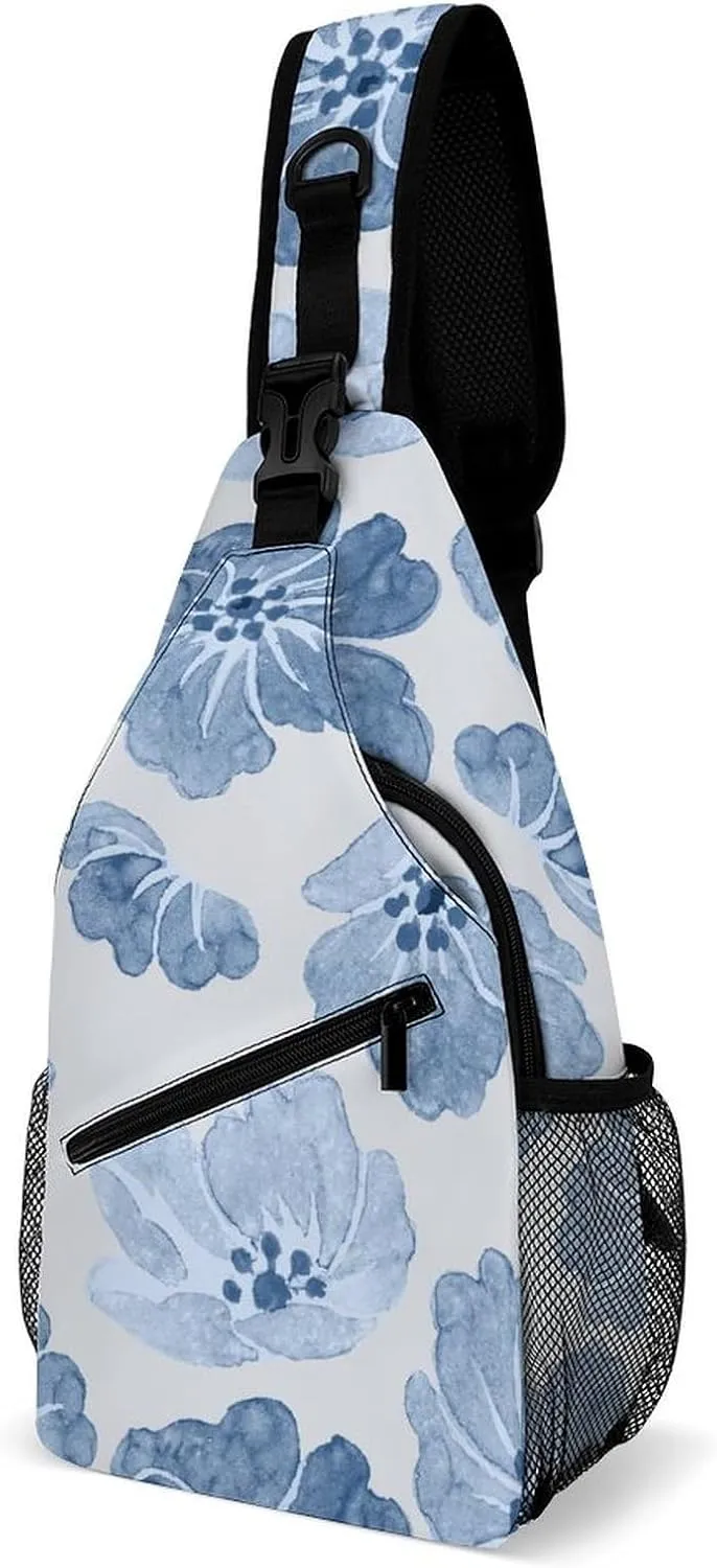 Casual Sling Backpack Blue-floral-pattern-vintage Chest Bags Crossbody Sling Bag Travel Hiking Daypack Shoulder Bag for Women Men