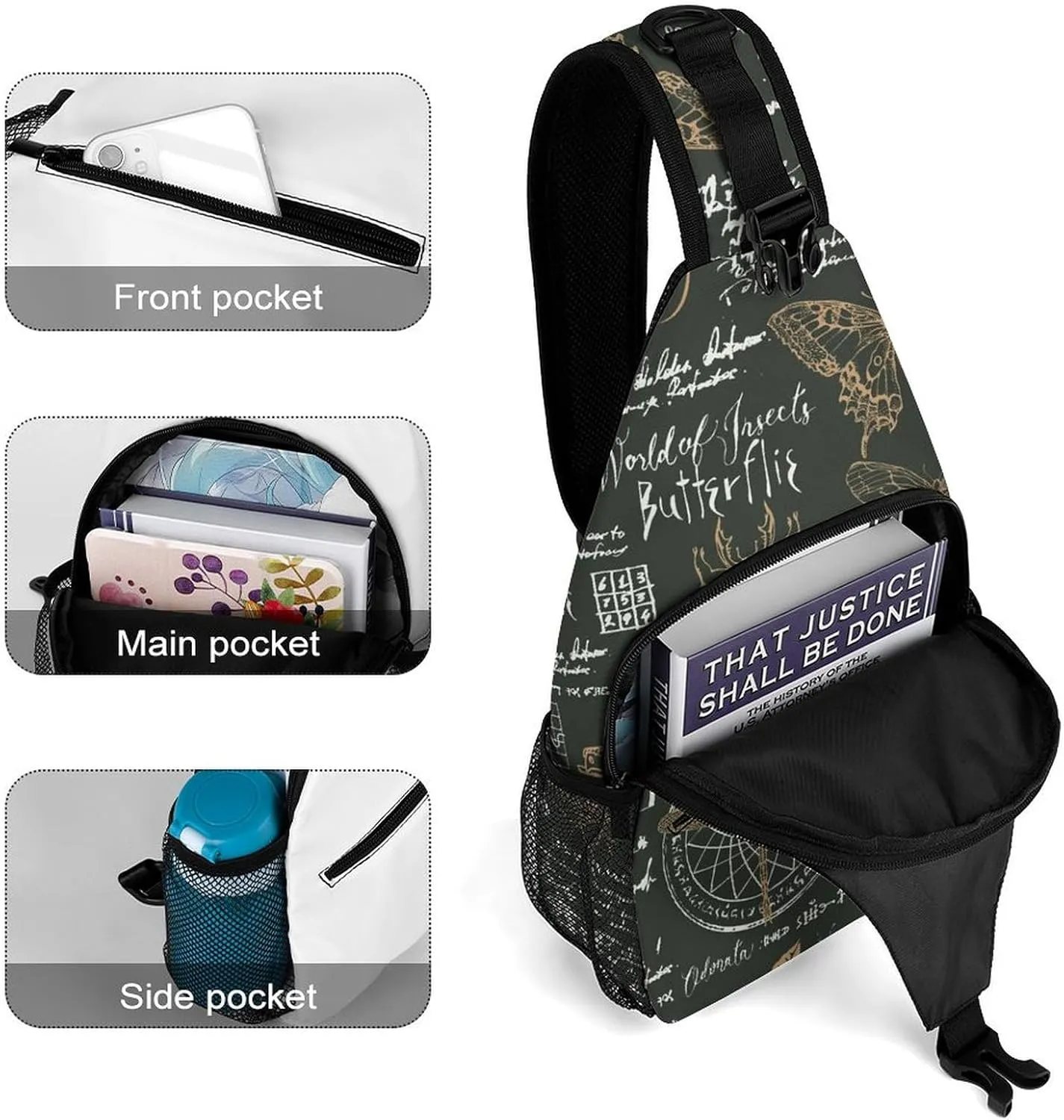 Casual Sling Backpack Butterflies-black Pattern Chest Bags Crossbody Sling Bag Travel Hiking Daypack Shoulder Bag for Women Men, 38x20cm, Style-5