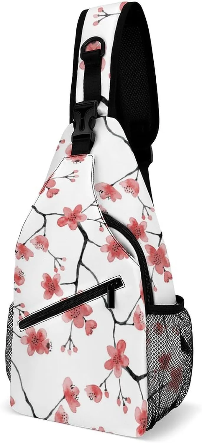 Casual Sling Backpack Cherry-watercolor-flowers Chest Bags Crossbody Sling Bag Travel Hiking Daypack Shoulder Bag for Women Men