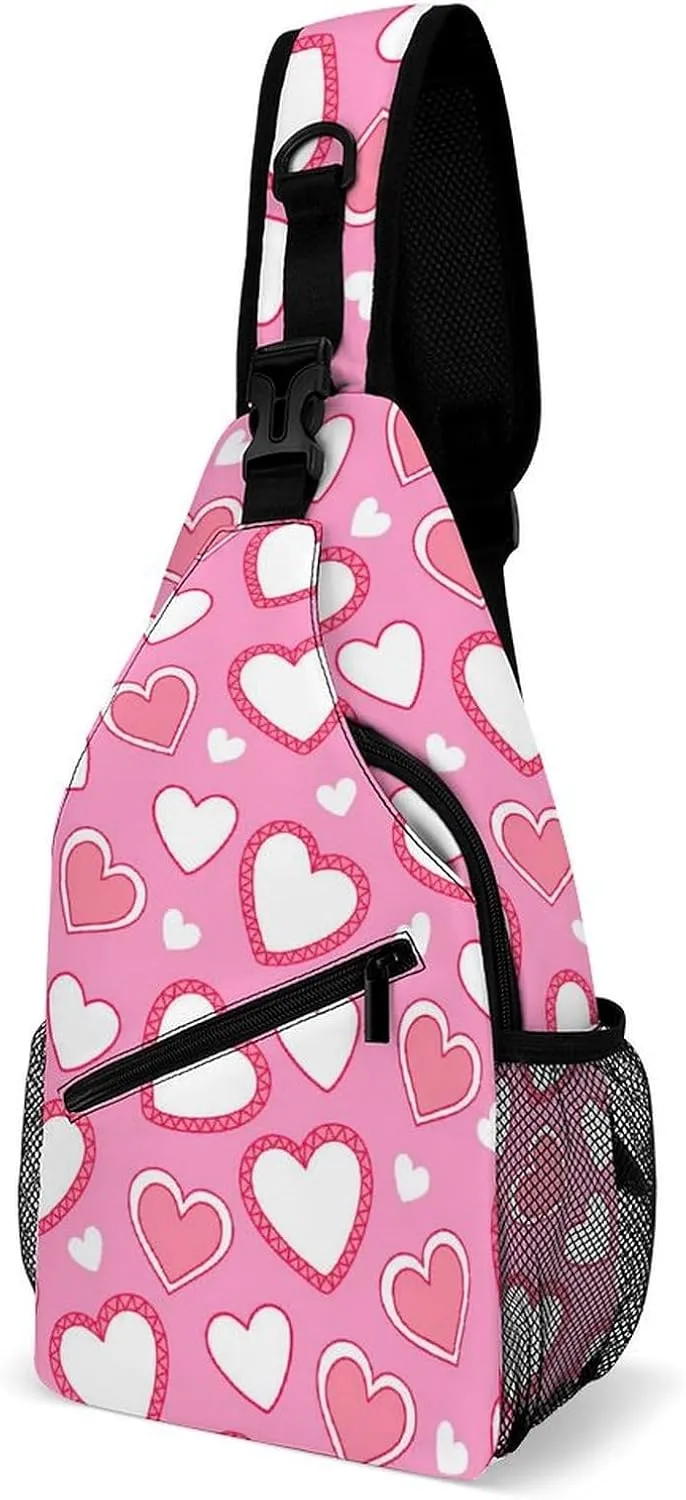 Casual Sling Backpack Hearts Cartoon Pattern Chest Bags Crossbody Sling Bag Travel Hiking Daypack Shoulder Bag for Women Men