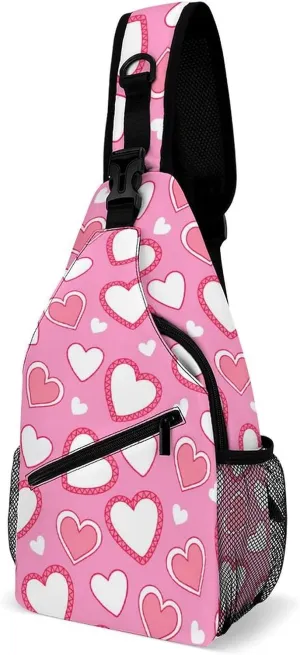 Casual Sling Backpack Hearts Cartoon Pattern Chest Bags Crossbody Sling Bag Travel Hiking Daypack Shoulder Bag for Women Men