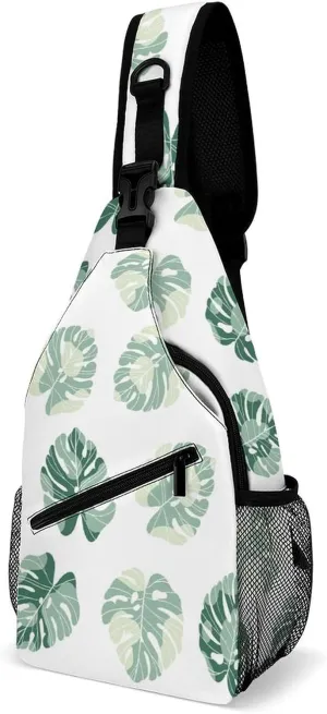 Casual Sling Backpack Monstera Leaves-pattern Chest Bags Crossbody Sling Bag Travel Hiking Daypack Shoulder Bag for Women Men
