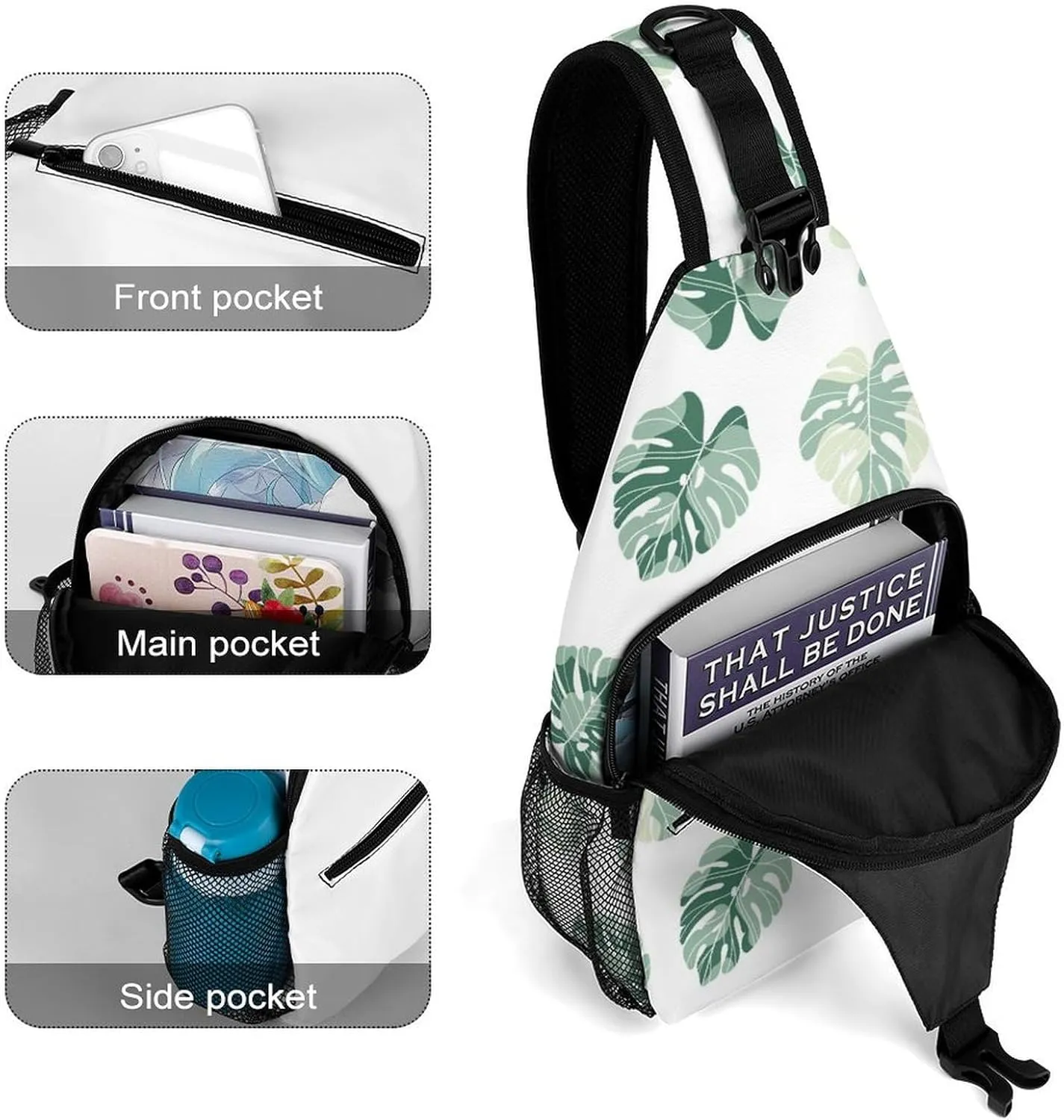 Casual Sling Backpack Monstera Leaves-pattern Chest Bags Crossbody Sling Bag Travel Hiking Daypack Shoulder Bag for Women Men