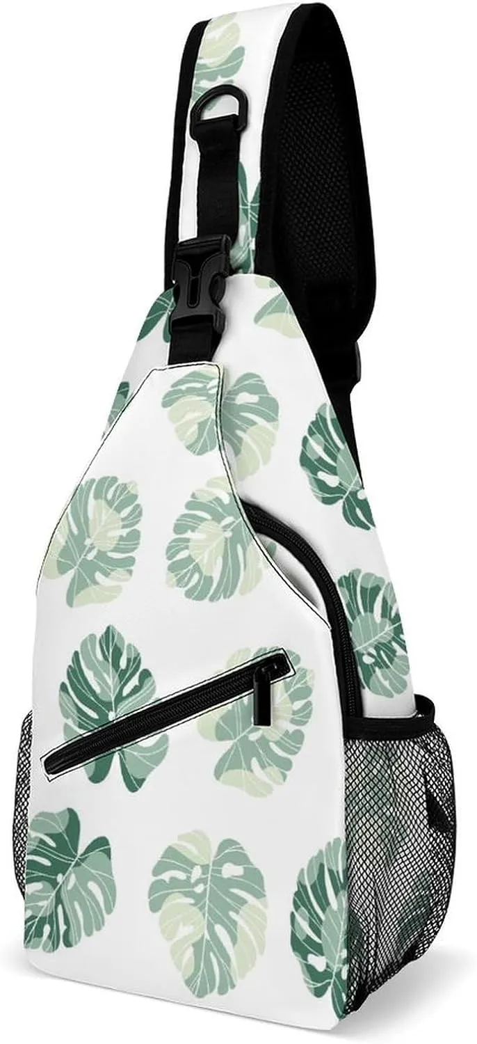 Casual Sling Backpack Monstera Leaves-pattern Chest Bags Crossbody Sling Bag Travel Hiking Daypack Shoulder Bag for Women Men