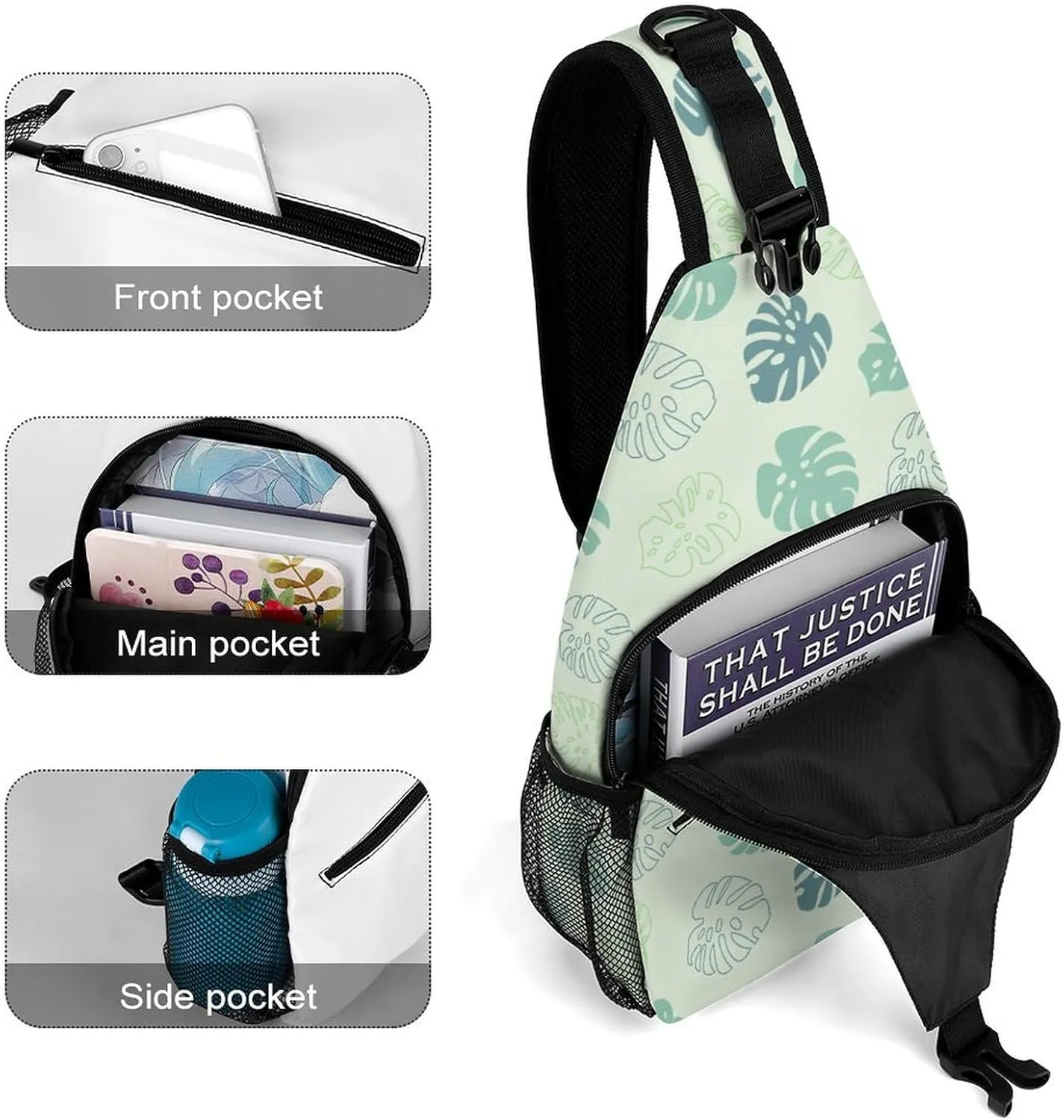 Casual Sling Backpack Monstera Pattern Chest Bags Crossbody Sling Bag Travel Hiking Daypack Shoulder Bag for Women Men, 38x20cm, Style