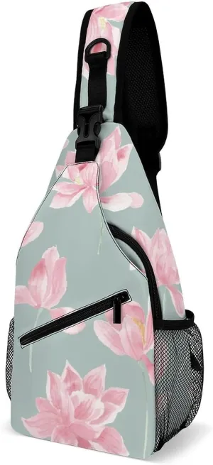 Casual Sling Backpack Pink-lotus-pattern Chest Bags Crossbody Sling Bag Travel Hiking Daypack Shoulder Bag for Women Men