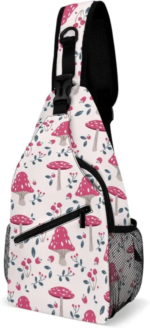 Casual Sling Backpack Pink-mushroom-pattern Chest Bags Crossbody Sling Bag Travel Hiking Daypack Shoulder Bag for Women Men