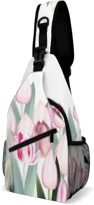 Casual Sling Backpack Pink-tulips-white Chest Bags Crossbody Sling Bag Travel Hiking Daypack Shoulder Bag for Women Men