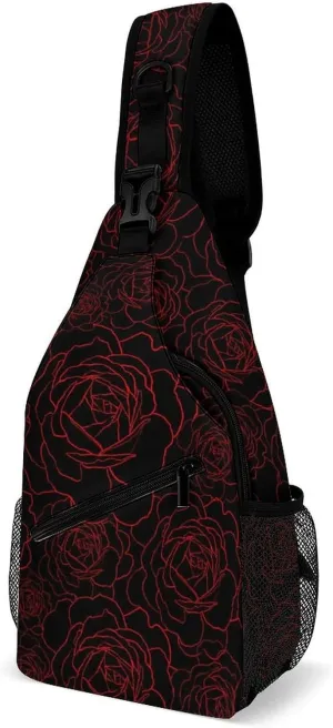 Casual Sling Backpack Red-rose-flowers-print Chest Bags Crossbody Sling Bag Travel Hiking Daypack Shoulder Bag for Women Men