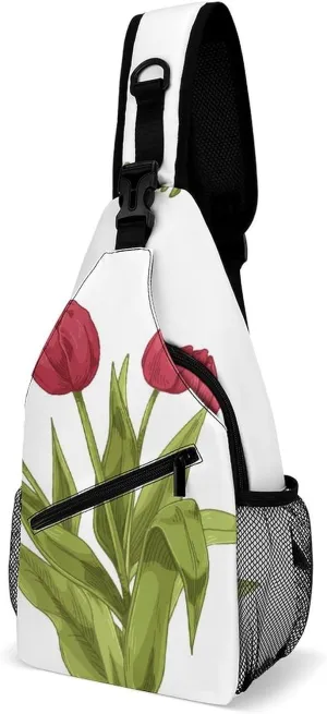 Casual Sling Backpack Tulips-white-pattern Chest Bags Crossbody Sling Bag Travel Hiking Daypack Shoulder Bag for Women Men