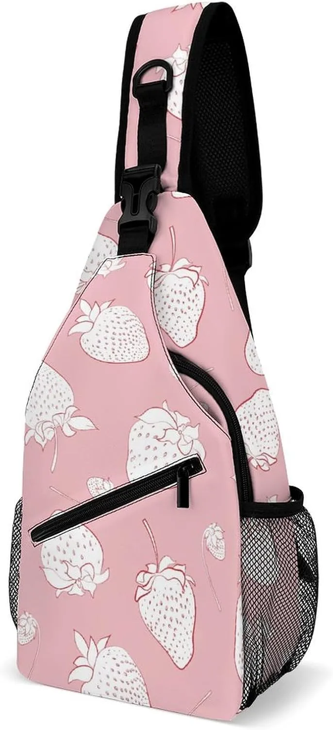 Casual Sling Backpack White-strawberries-pink Chest Bags Crossbody Sling Bag Travel Hiking Daypack Shoulder Bag for Women Men, 38x20cm, Style