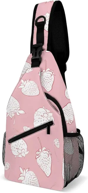 Casual Sling Backpack White-strawberries-pink Chest Bags Crossbody Sling Bag Travel Hiking Daypack Shoulder Bag for Women Men, 38x20cm, Style
